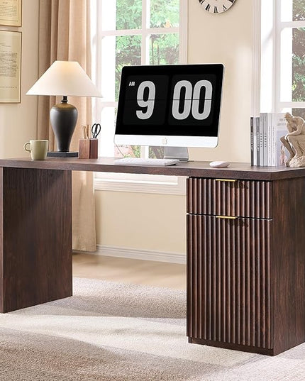JXQTLINGMU 60" Modern Executive Desk with Storage, Wood Home Office Desk with Drawer & Cabinet, Fluted Computer Writing Desk for Study, Living Room, Bedroom, Dark Walnut