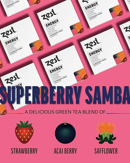 Zest Energy Green Tea - Superberry Samba - High Caffeine Strawberry, Acai, & Passion Fruit Tea - Caffeinated Coffee Altnernative with Antioxidants - Natural, Non-GMO & Keto - 15Ct Box - 135mg Caf