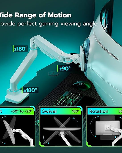 ARES WING Ultrawide Monitor Arm White for 17 to 49 Inch Heavy Duty Curved Screen, Holds 44 Lbs, Adjustable Gas Spring Monitor Arm Desk Mount with C Clamp, Grommet Base, 75/100 Vesa Mount