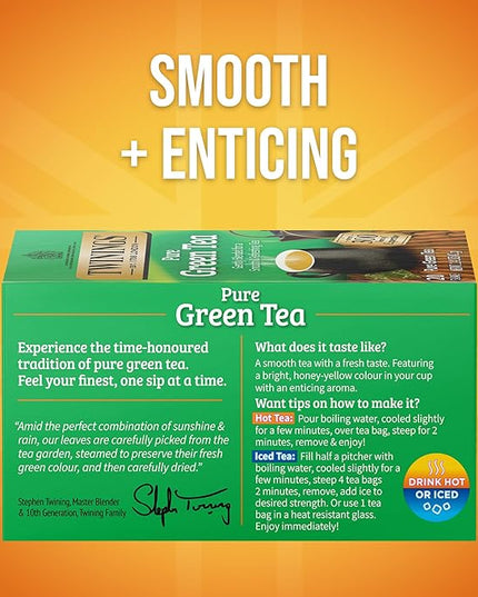 Twinings Pure Green Tea Individually Wrapped Bags, 20 Count (Pack of 6), Smooth Flavour, Enticing Aroma, Caffeinated, Enjoy Hot or Iced, 120 Teabags