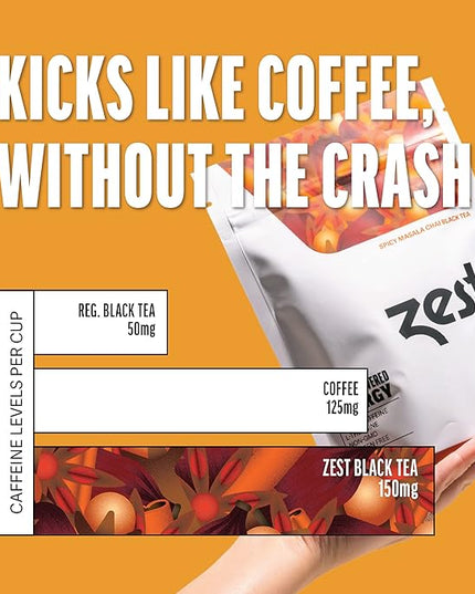 Zest Energy Black Tea - Spicy Masala Chai Loose Leaf Blend - High Caffeine Cardamom Ginger Tea with Cinnamon - Caffeinated Coffee Altnernative - Natural, Non-GMO & Keto - 50 Servings - 150mg Caf
