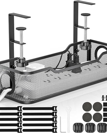 Under Desk Cable Management Tray - GZOKMOG No Drill Cord Organizer with Clamp, Workspace Organizers for Cords, Metal Mesh Wire Management for Home and Office, 1 Pack Black, 13.38 inch