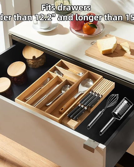 Small-Bamboo-Silverware-Drawer-Organizer, Expandable Utensil Kitchen Cutlery Tray Flatware Organization Adjustable Wood Tableware Dividers Storage (with Removable Knife Block)(Natural)