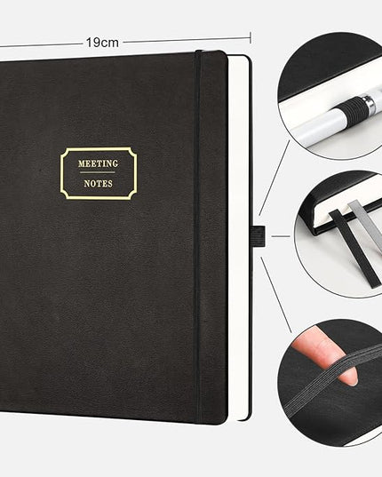 EMSHOI Meeting Notebook for Work with Action Items - 320 Pages B5 Thick Project Planner Agenda Organizer Work Notebook for Women Men Office Business Notes, PU Leather Hardcover, 7.5" x 10", Black