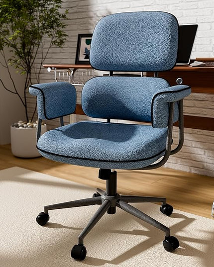 Blue Desk Chair with Wheels and Wide Arms, Soft Granular Linen Fabric Office Chair, Mid Back Vintage Comfy Home Office Desk Chairs with Memory Foam Seat Cushion, Adjustable Height