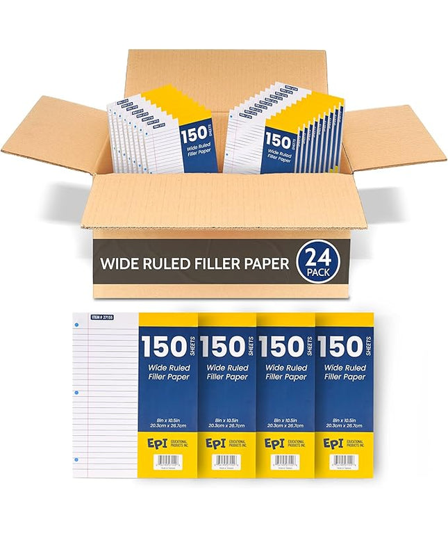 EPI Filler Paper, Wide Ruled Loose Leaf, 3-hole punch, 150 Sheet, 10.5 x 8 Inch, Pack of 24 (3,600 sheets)