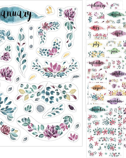 Transparent Monthly Planner Stickers - 12 Clear Sticker Sheets with Beautiful Watercolor Stickers & Undated Calendar Sticker Months - Planner, Scrapbooking and Journaling Supplies (Floral)