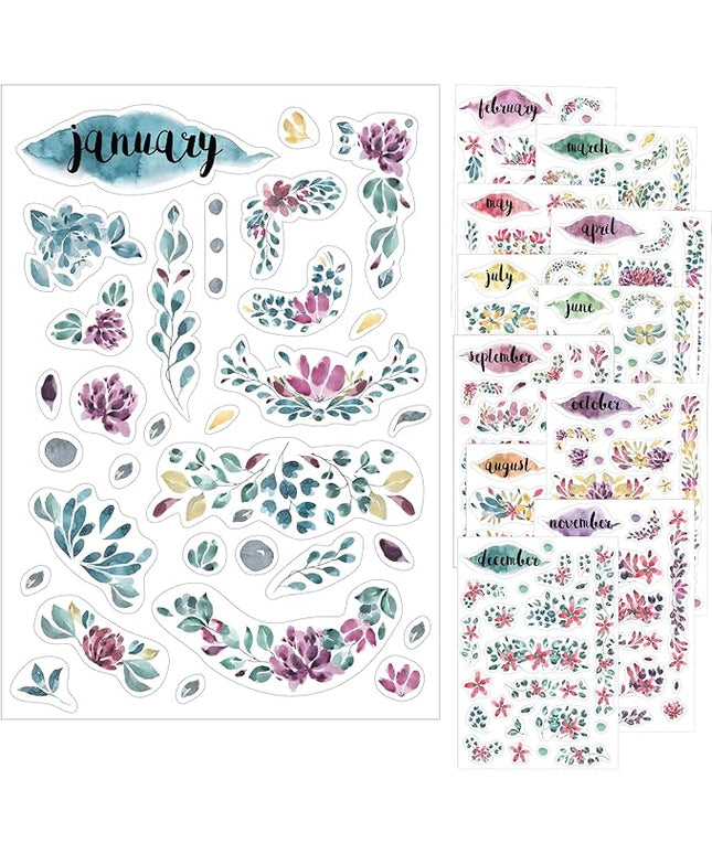 Transparent Monthly Planner Stickers - 12 Clear Sticker Sheets with Beautiful Watercolor Stickers & Undated Calendar Sticker Months - Planner, Scrapbooking and Journaling Supplies (Floral)