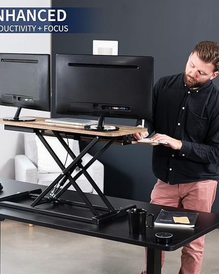 VIVO 36 inch Desk Converter, K Series, Height Adjustable Sit to Stand Riser, Dual Monitor and Laptop Workstation with Wide Keyboard Tray, Reclaimed Wood Top, Black Frame, DESK-V036KP