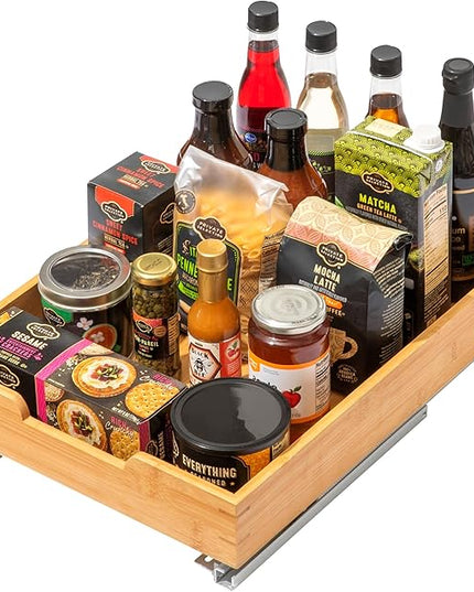 HOLDN’ STORAGE Bamboo Wooden Pull out Cabinet Organizer.14”W x 21”D - Requires At Least a 15.25:W x 21" D. Cabinet Opening. W/Lifetime Limited Warranty. Bamboo Tray and Heavy gauge metal rails.