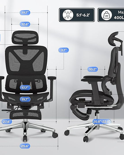 FLEXISPOT ErgoX Premium Ergonomic Office Chair with Footrest- Adjustable 3D Armrests, Dynamic Lumbar Support, Recline & Tilt Function, Mesh Seat, for Home & Office Use,Black