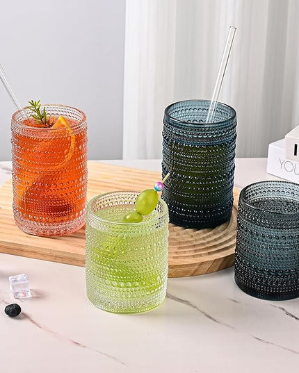Vintage Glassware Drinking Glasses Set of 12,Clear 12oz & 15oz Hobnail Glass Cups,Embossed Water Tumbler,for Beer,Cocktail,Whiskey,Juice and Various Mixed Drinks- 1 Cleaning Brush