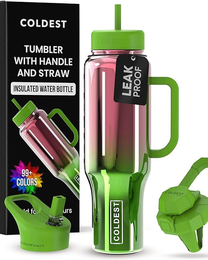 Coldest Tumbler with Handle and Straw - 100% Spill Proof Tumbler with Straw (3 Lids) - Stainless Steel Insulated Leakproof Tumblers for Women & Men - Cup Holder Friendly - 46 oz (Tinsel Nova)