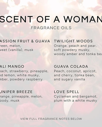 Eternal Essence Oils Scent of a Woman Set of 6 Premium Fragrance Oils - Includes Guava Colada, Twilight Woods, Bali Mango, Passion Fruit & Guava, Juniper Breeze, and Love Spell Scented Oils - 10ML