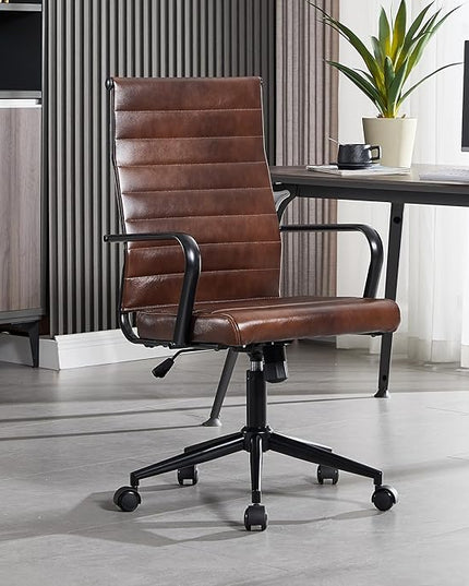 Okeysen Genuine Leather Office Desk Chair, Mid-Century Modern Real Leather Conference Room Chairs, Ergonomic Executive Ribbed Height Adjustable Swivel Rolling Chair for Home Office.