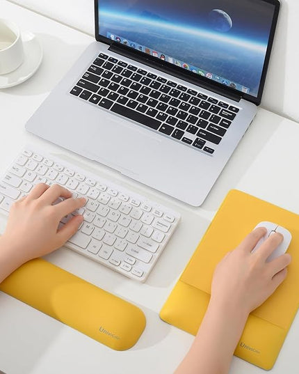 UnivoColors Design-Wave Set of Keyboad Wrist Rest & Mouce Pad,Artificial Sheepskin+Memory Foam+Ergonomic+Anti-Slip Gel, Resilience Support During Work and Gaming,Keyboard Accessory,Yellow