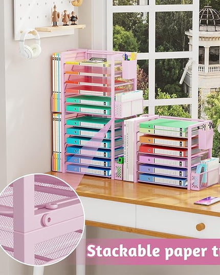 Simple Trending 6 Tier Desk File Organizer, Paper Letter Tray Organizer with File Holder and Pen Container, Pink