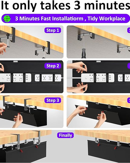 Under Desk Cable Management Tray - Under Desk Cord Management - Clamp/Screw Mount - Fabric Wire Management - Cable Raceways Tray Cord Hiders for Office/Home (Black, 28.6"×5.6")