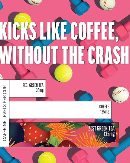 Zest Energy Green Tea - Superberry Samba - High Caffeine Strawberry, Acai, & Passion Fruit Tea - Caffeinated Coffee Altnernative with Antioxidants - Natural, Non-GMO & Keto - 15Ct Box - 135mg Caf
