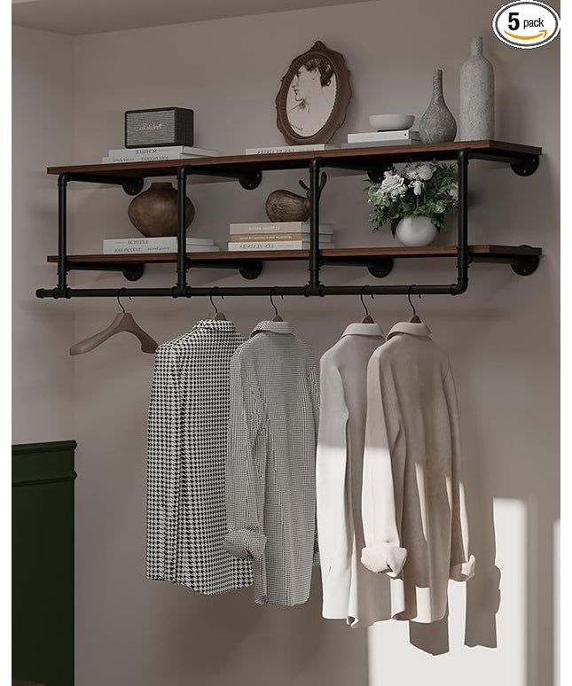 Wall Mounted Clothes Rack 12 Inch Deep, 60 Inch Heavy Duty Garment Rack with Real Walnut Wood Shelf, Multi-Purpose Hanging Rod & Space-Saving Closet Storage Organizer