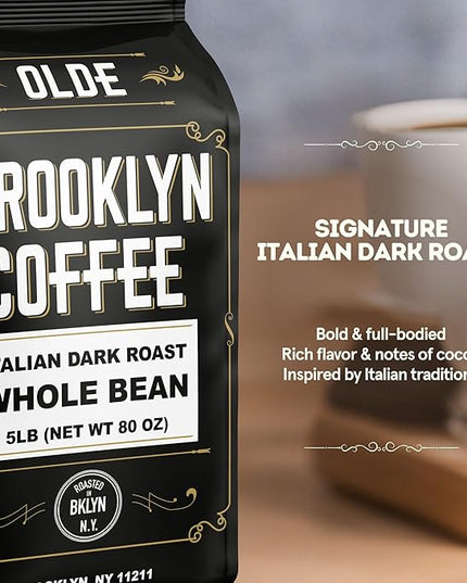 BROOKLYN COFFEE Whole Bean, Italian Dark Roast (5lb) Extra Strong, Delicious Taste, Heavenly Aroma - Fresh Bulk Coffee Beans Roasted Weekly in NYC