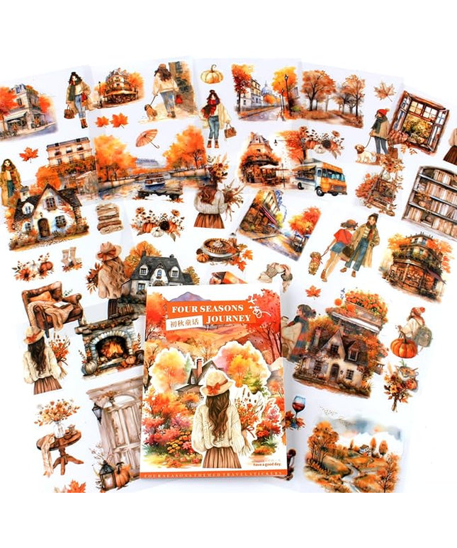 Dwpetzo Fall Landscape Pre-Cut Autumn Journal Sticker Book, Transparent PET Watercolor Scrapbook Stickers for Junk Journaling Supplies, Scrapbooking, Collage, Bujo, 20 Sheets