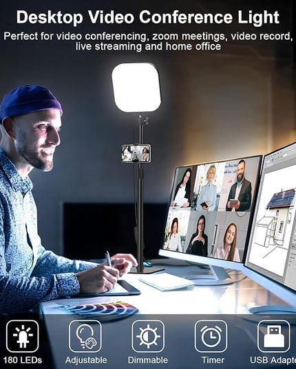 Video Conference Lighting, 180 LED Webcam Light with 3 Color & 5 Brightness for Video Recording, Zoom Light with Phone Holder for Laptop Computer Online Meeting, Video Calls, Live (1-Pack with Remote)