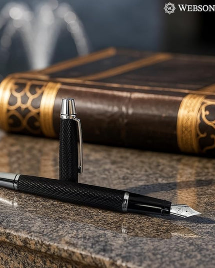 Webson Gill Show Up' Black Luxury Executive Fountain Pen, Woven Lacquer & Chrome, Medium Nib, Smudge Free, No Bleed, Use Any Fountain Ink with Included Converter, Fits Cartridges (sold separately)