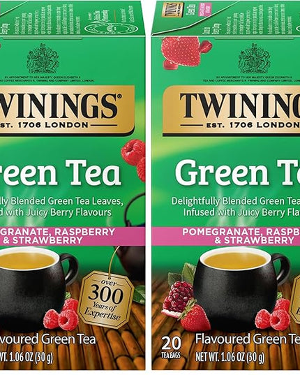 Twinings Green Tea with Pomegranate, Raspberry, & Strawberry Individually Wrapped Bags, 20 Count (Pack of 2), Caffeinated, Enjoy Hot or Iced, 20 Teabags