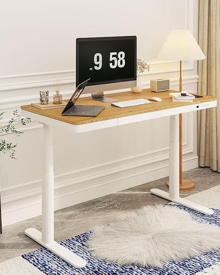SANODESK Standing Desk with Drawer,Dual Motor 3 Stage Electric Height Adjustable Home Office Desk with Storage & Wireless Charging, 55 inch Bamboo Tabletop/White Frame