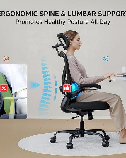 Ergonomic Office Chair, 330LBS Desk Chair with 3-Level Lumbar Support & Headrest, Breathable Mesh Backrest, Flip-Up Armrests for Home Office and Gaming, Black