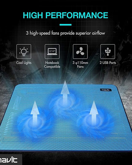 Havit HV-F2056 15.6-17 Inch Laptop Cooler Cooling Pad - Slim Portable USB Powered (3 Fans) (Blue)