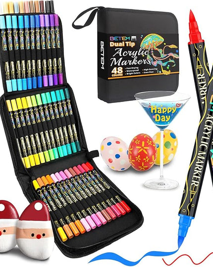 Betem Paint Markers Acrylic Paint Pens, Dual Tip 48 Colors Acrylic Markers with Brush Tip and Fine Point, Art Supplies for Wood, Canvas, Stone, Glass, Rock Painting Kit DIY Crafts Drawing Kit with Bag