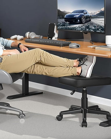 VECELO Under Desk Footrest, PU Ergonomic Foot Rest with Wheels, Comfort Padding, Height Adjustable for Relieving Leg Pain, Stiffness, Black