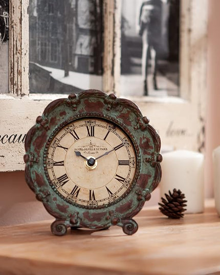 NIKKY HOME Table Top Clock, Vintage French Decorative Pewter Analog Desk Clock Battery Operated for Living Room Decor Shelf, Green