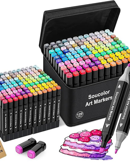 Soucolor Alcohol Markers 120 Colors with Case & Holders, Dual Tips Chisel & Fine Art Markers for Adult Coloring Kids Drawing, Artist Markers Art Supplies for Blending Sketching