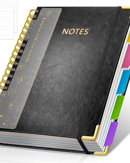 Hardcover Spiral Notebook Journal, 8"x10" Large B5 Notebooks with Removable Dividers Tabs, 300 Pages Leather 5 Subject Notebook College Ruled, Journal for Work School Note, 100 GSM Thick Paper,Black