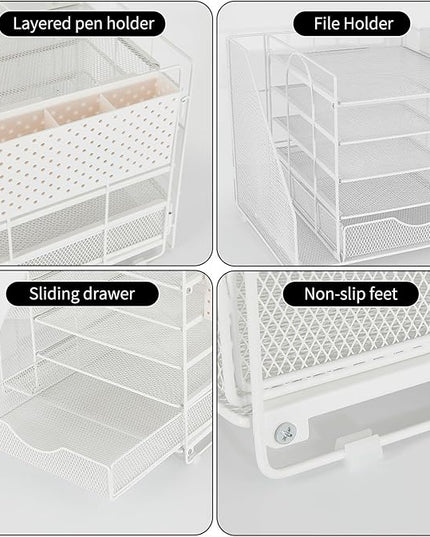 OUTIOE Desk Organizer with Drawer and Pen Holder, 5-Tier Paper Letter Tray Organizer with File Holder, Suitable for Workspace Organizer Office Supplies Storage (White)