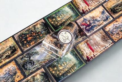 Fantasy Landscape Transparent Vintage Washi Tape 6x5 cm – Decorative Scrapbooking Craft Adhesive Roll, Magical Scenery, Enchanted World Illustration Design for Journals, Planners, Cards & DIY Projects