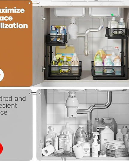 2 Pack Under Sink Organizer, Dual-Layer Pull Out Mesh Cabinet Rack with 5-Level Height Adjustment, Rust-Resistant Sliding Storage for Bathroom & Kitchen, Multi-Purpose 2-Tier Shelf(Black)