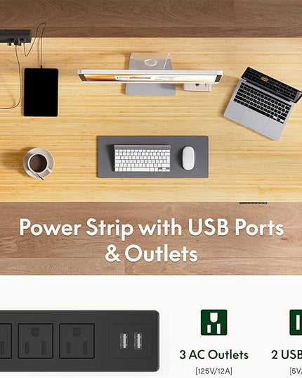FLEXISPOT EN2 Whole-Piece Bamboo Standing Desk with Clamp Power Strip, 48 x 24'' Electric Stand Up Height Adjustable Desk with Cable Management (Black Frame + 48" Bamboo Top, 2 Packages)