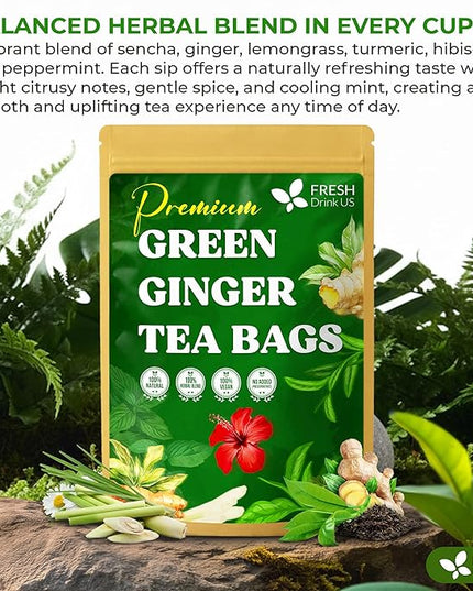 FreshDrinkUS, Premium Green Ginger Tea | 75 Tea Bags | Sencha Green Tea with Ginger, Lemongrass, Turmeric, Hibiscus & Peppermint | Natural Herbal Blend | Comfort & Refreshing, Vegan