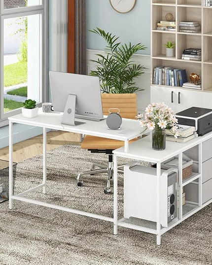 Tangkula 81 Inch L-Shaped Desk with Power Outlet, Convertible Corner Desk with Drawers & Shelves, Office Desk for Working, Studying, Gaming (White)