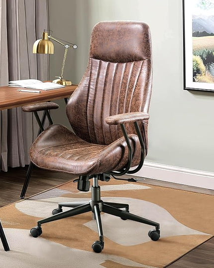 Mid Century Modren Office Chair,High Back Ergonomic Executive Chair with Lumbar Support, Computer Desk Swivel Task Chair with Wheels, Faux Lether Suede Fabric Home Chair (Dark Brown)