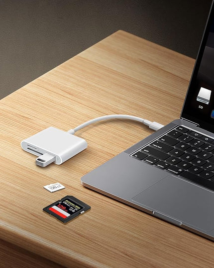 USB C SD Card Reader for iPhone 15 16 iPad Mac 3 in 1 USB-C Memory Trail Camera Card Adapter with Dual Slots & USB Port for Mac MacBook Pro/Air/Mini Android Laptop More USBC Typec Devices