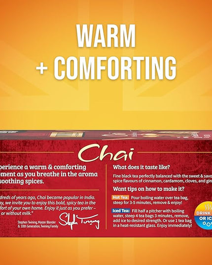 Twinings Chai Black Tea Individually Wrapped Bags, 100 Count (Pack of 1), Richly Blended with Warm Spices, Caffeinated, Enjoy Hot or Iced, 100 Teabags
