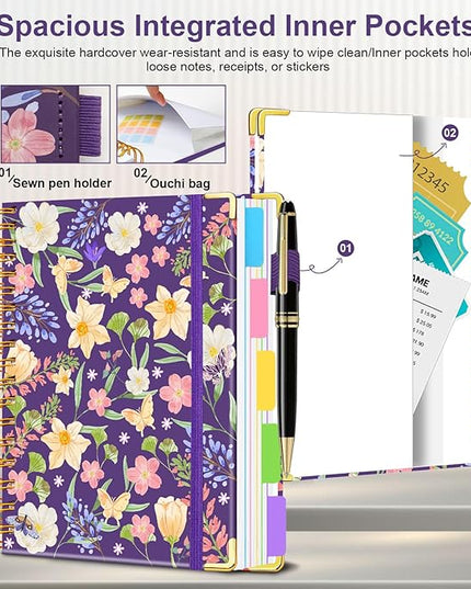 Spiral Journal Notebooks for Work, 300 Pages 5 Subject Notebook College Ruled with Dividers & Tabs, 8''x 10'' Large Notebook Journal for Women Students Note-Taking and Organizer (Purple Floral)
