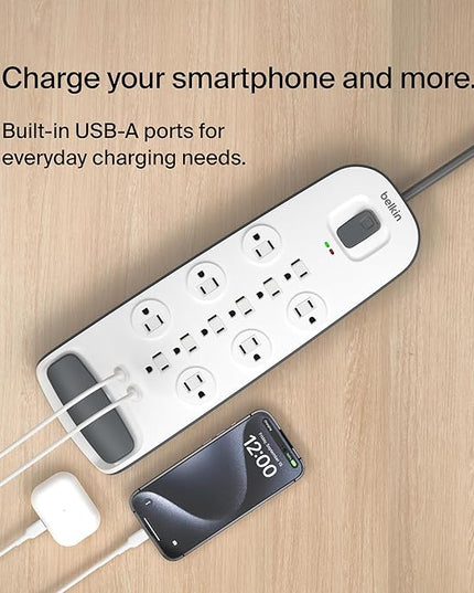 Belkin USB Power Strip Surge Protector - 12 AC Multiple Outlets & 2 USB Ports - 6 ft Long Flat Plug Extension Cord for Home, Office, Travel, Computer Desktop & Charging Brick - White (3,996 Joules)