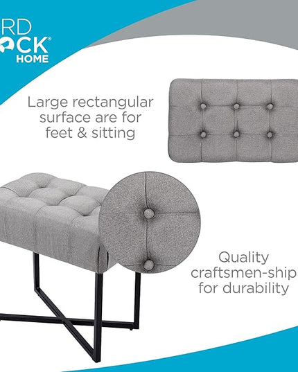 BIRDROCK HOME Rectangular Tufted Foot Stool Ottoman with Soft Padded Cushion - Versatile Vanity Chair for Bedroom, Living Room, Bathroom - Compact Seating for Adults - Grey with Black Metal Legs