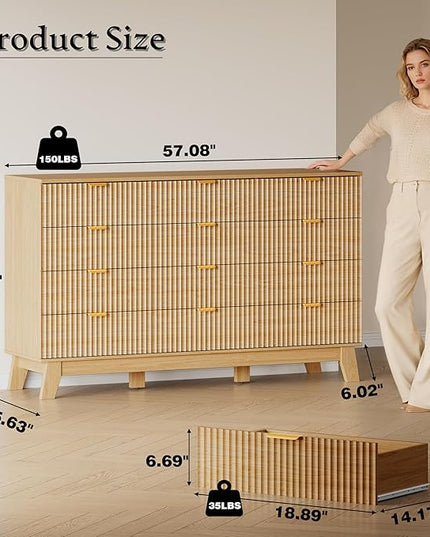 BORNOON 57" Wide Dresser for Bedroom, 12-Drawer Fluted Dresser with Metal Handles, Wood Chest of Drawers with Smooth Slides and Stable Base, Modern Storage Cabinet for Living Room, Nursery